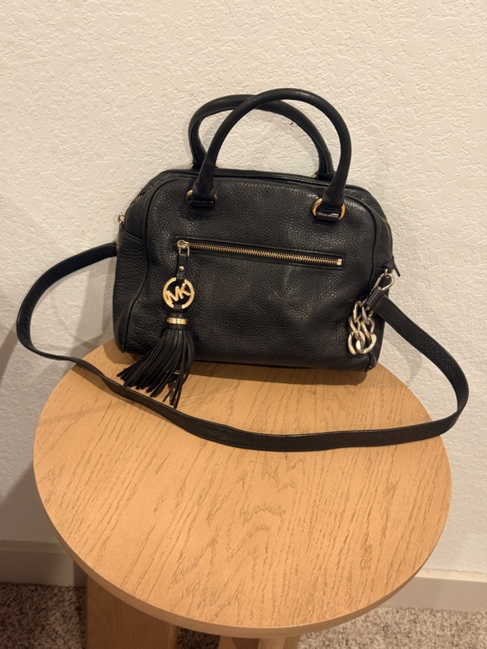 Michael Kors Black Pebbled Leather Satchel with Tassel and Chain Accent - Picture 3 of 5